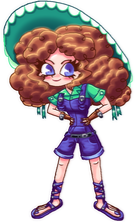 Тут зображена Гортензія, кучерява красуня у комбінезоні.